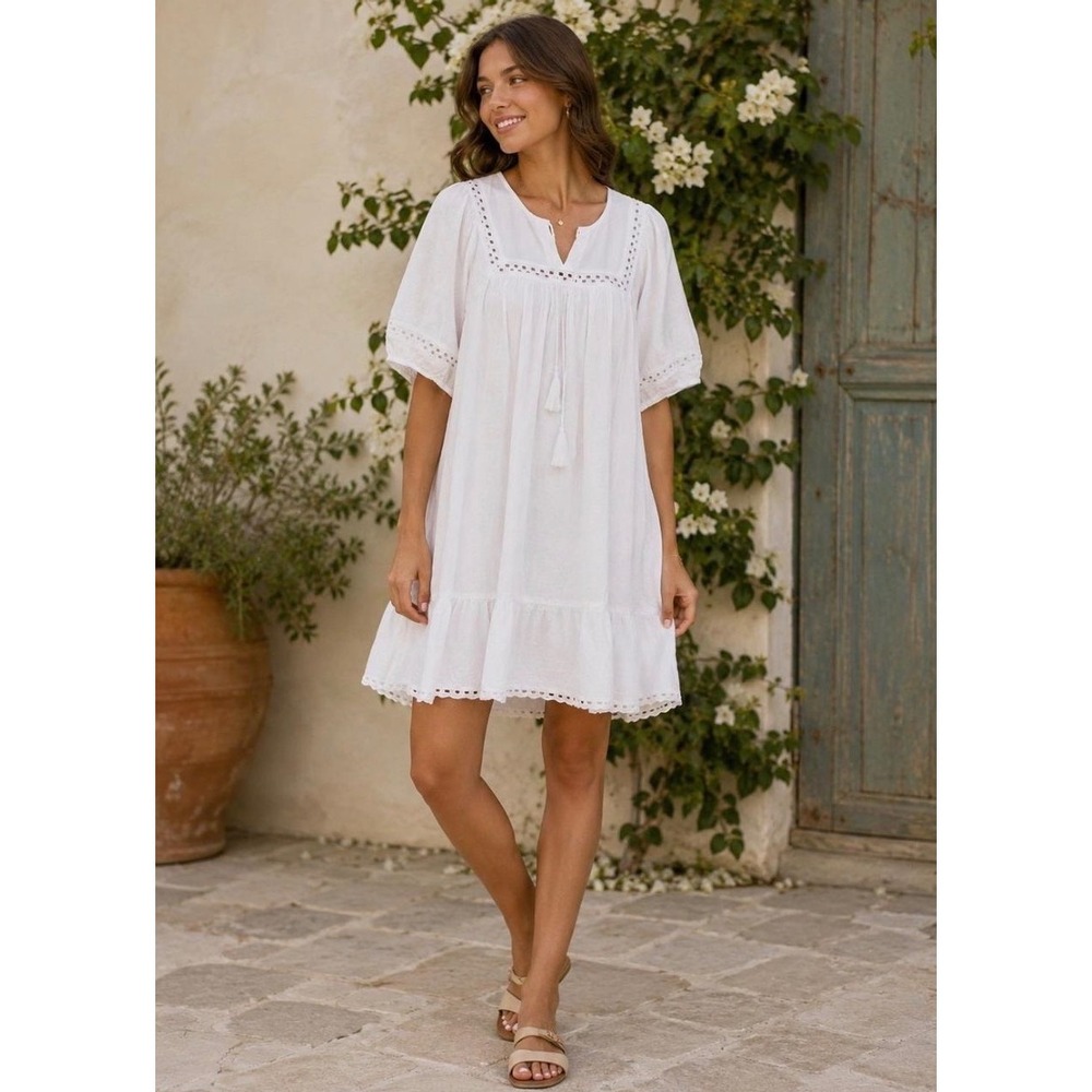 Old Navy Babydoll Dress Womens Large White Prairie Peasant Cottagecore Boho Chic - Picture 3 of 12